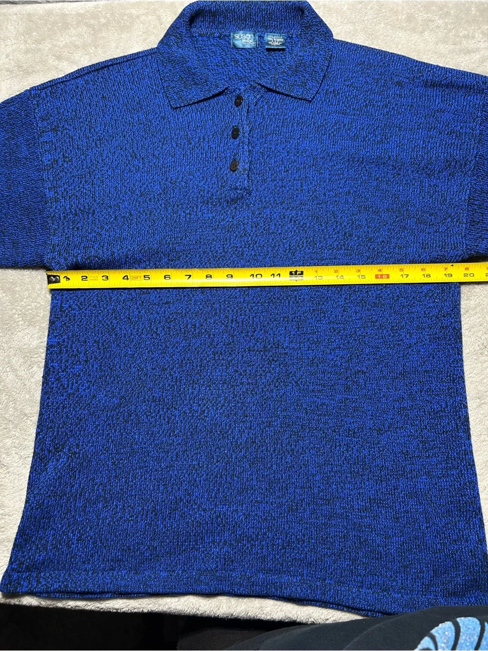 Vintage Susan Ess Knit Polo Sweater Mens Large Blue Black Marled Long Sleeve